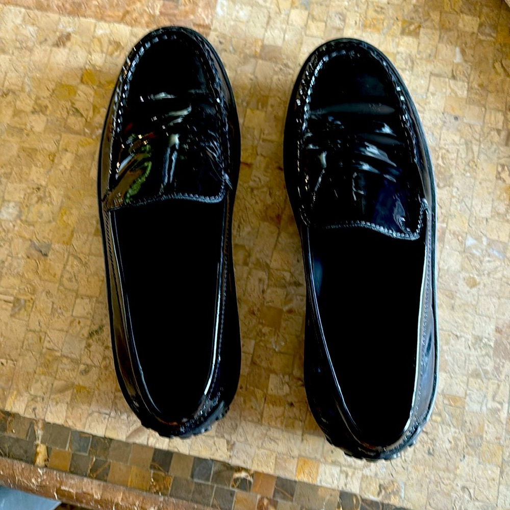 Tod’s black patent leather loafers, worn twice.